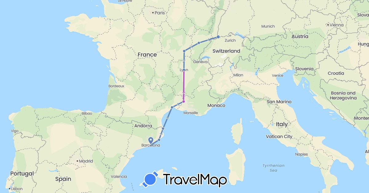 TravelMap itinerary: driving, cycling, train in Switzerland, Spain, France (Europe)